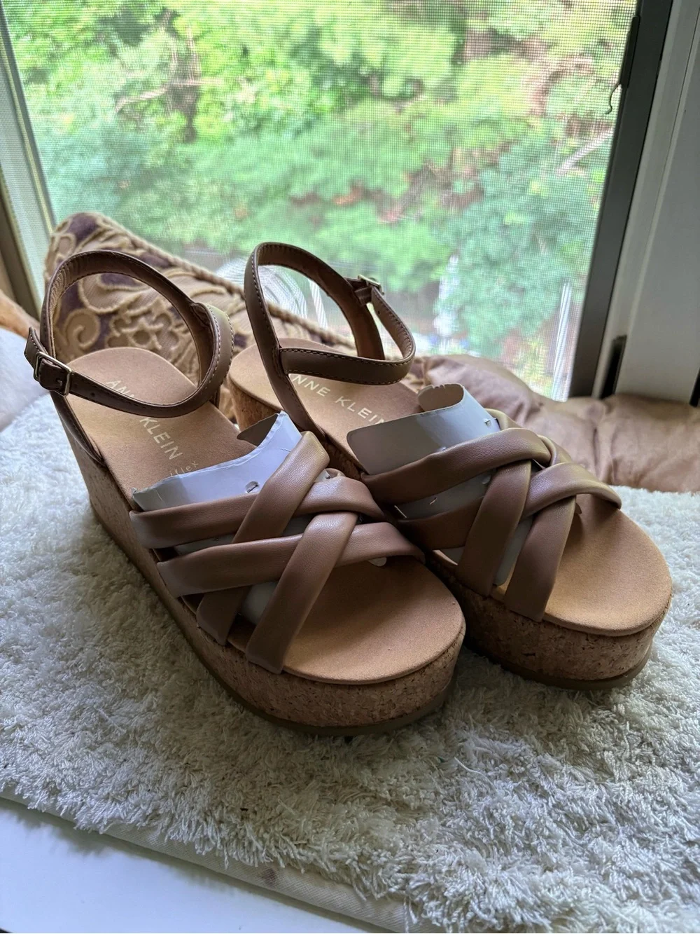 Anne Klein Braided Tan Wedge Sandals with Cork Platform